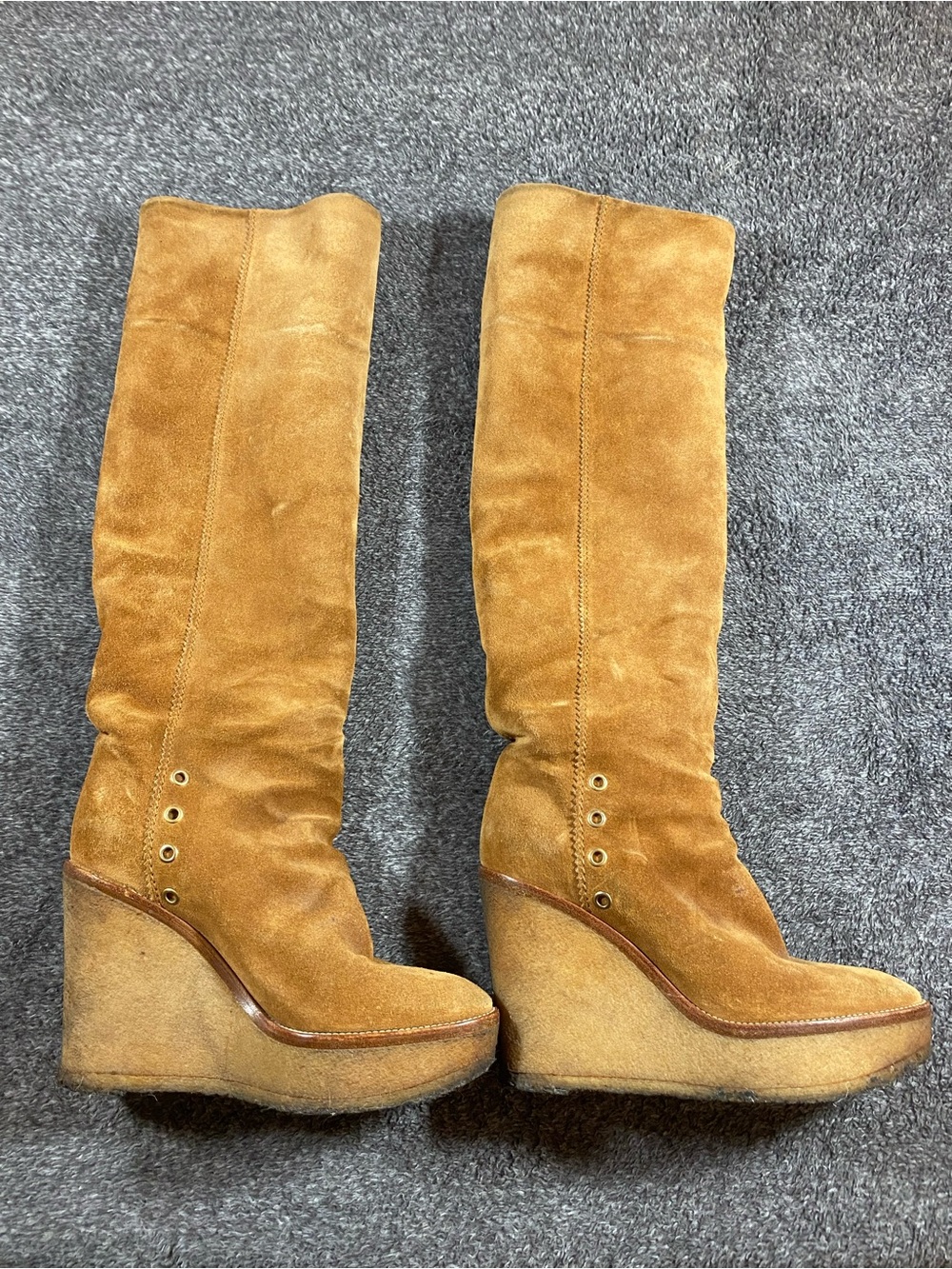 YSL YVES SAINT LAURENT Women’s Tall Wedge Suede Boots in Tan
